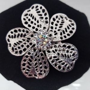 Silvertone Flower Rhinestone Brooch Pin